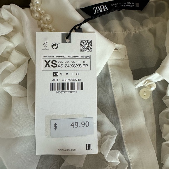 Zara romantic organza blouse, white size XS (NWT) - Picture 10 of 10